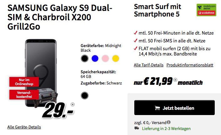 Samsung Galaxy S9 (Dual Sim) + X200 Grill2Go Gasgrill für 29€ + Vodafone Smart Surf Tarif mit 2GB für 21,99€ mtl.