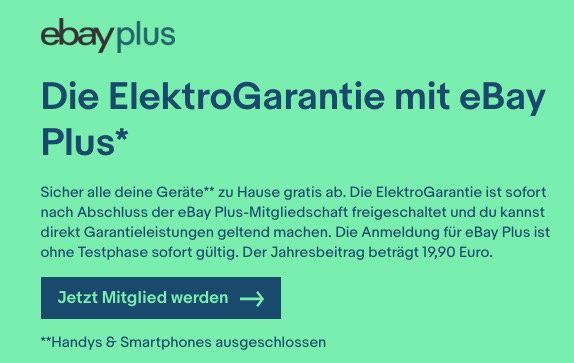 Gratis Elektro Garantie für eBay Plus Mitglieder   auch, wenn es nicht bei eBay gekauft wurde