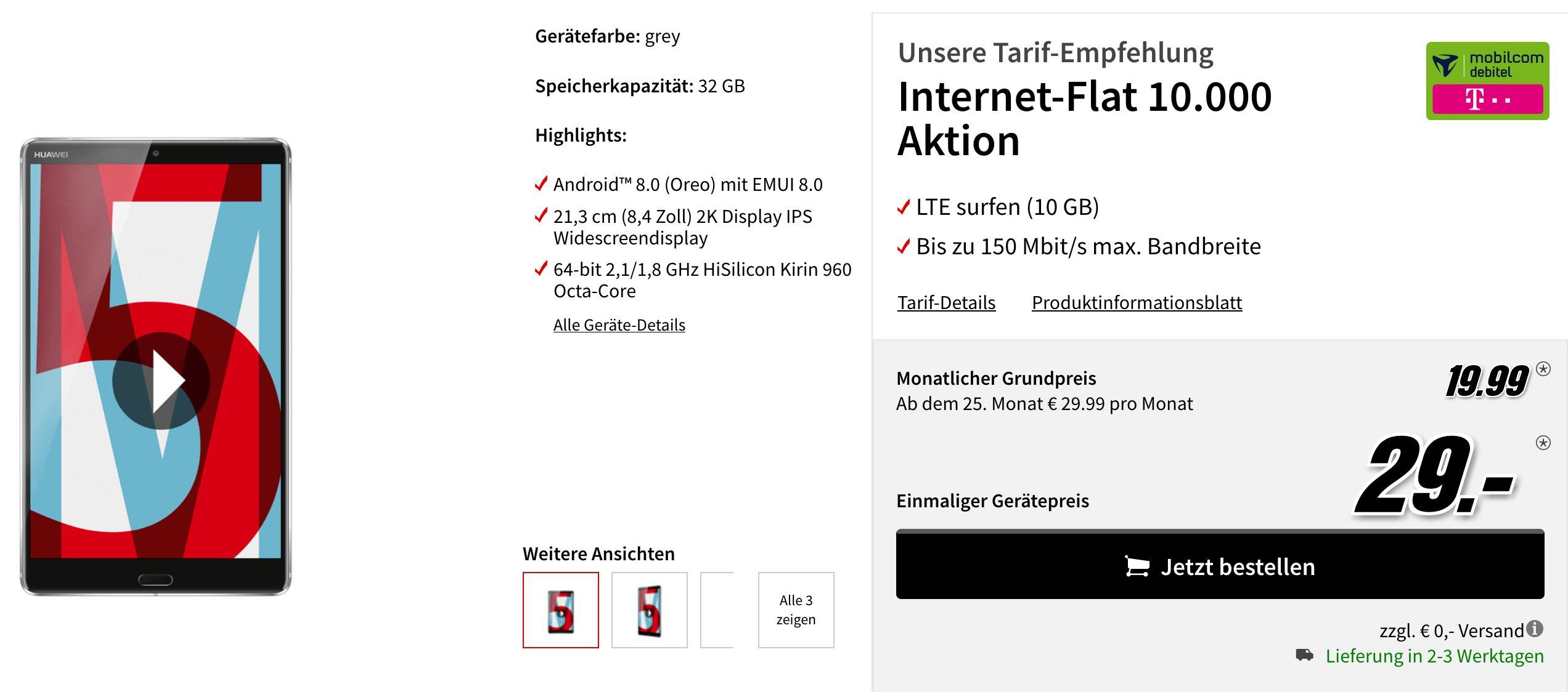 TOP! Huawei MediaPad M5 10,8 Zoll LTE Tablet für 29€ + Telekom 10GB LTE Datentarif für 19,99€ mtl.