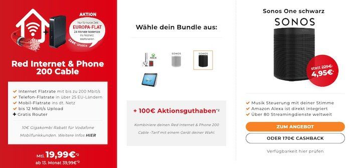 Vodafone Kabel Angebote bei Handyflash   z.B. Red Internet & Phone 200 ab 16,03€ mtl. + Sonos One nur 4,95€