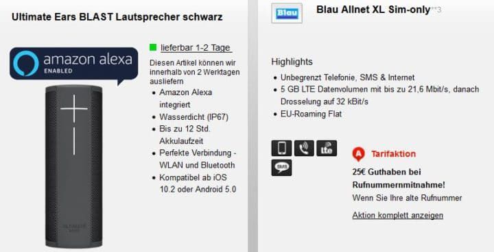 o2 Tarif von Blau.de mit 300 Einheiten + 2GB LTE für 7,99€ mtl. + UE Blast Lautsprecher nur 1€