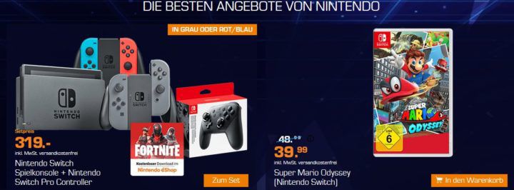 Saturn Gamescom Woche heute z.B.: Nintendo Switch + FORTNITE + Pro Controller für 319€ (statt 355€)