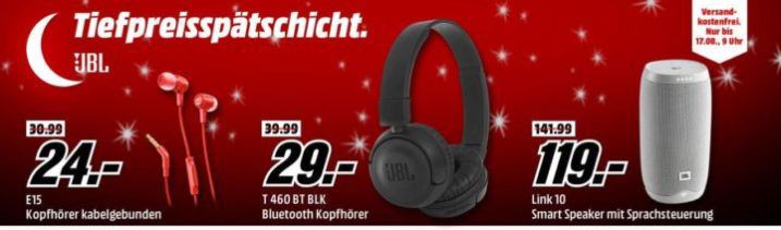 Media Markt JBL! Tiefpreisspätschicht:  günstige Kopfhörer   z.B. JBL T110 In ear Kopfhörer für 9,90€ (statt 14€)