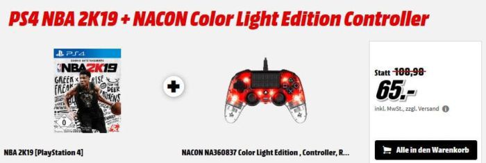 PS4 NBA 2K19 Game + NACON Color Light Edition Controller für 65€ (statt101€) uvm. im Media Markt Dienstag Sale