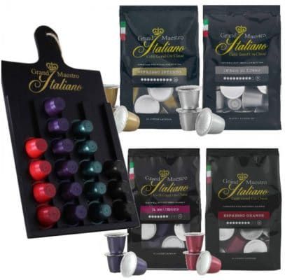 Grand Maestro Italiano Probierpaket mit 200 Kaffeekapseln (Nespresso) + Kapselhalter für 44,99€