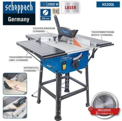 Scheppach HS200L   Tischkreissäge mit Laser, Tischverbreiterungen, 2000W für 107,91€ (statt 126€)