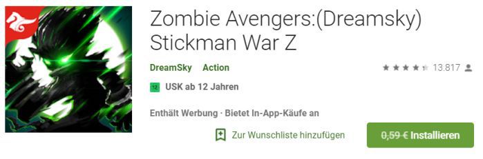 Zombie Avengers: (Dreamsky) Stickman War Z (Android) gratis statt 0,59€