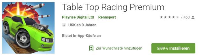 Table Top Racing Premium (Android) gratis statt 2,89€