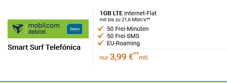 md Telefonica Smart Surf mit 1 GB + 50 Freiminuten/ SMS für 3,99€ mtl. + Echo Dot für 4,99€ o. Amazon Echo für 59€