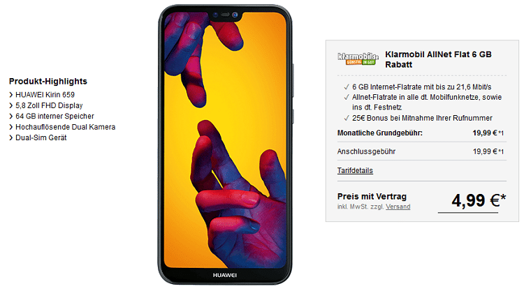 Huawei P20 lite (64 GB) für 22,98€ + Klarmobil AllNet Flat mit 6 GB Datenvolumen für 19,99€ mtl.