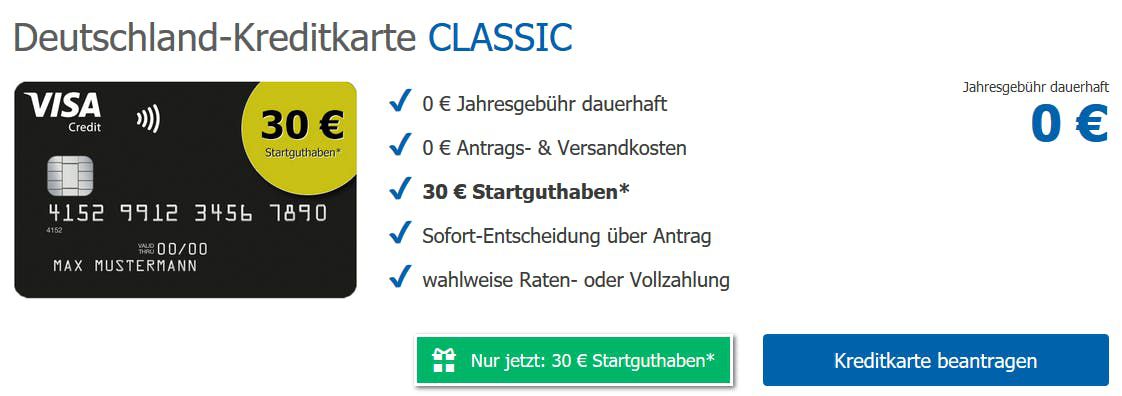 TOP! Beitragsfreie VISA Kreditkarte (Lebenslang) inklusive 30€ Startguthaben für Neukunden