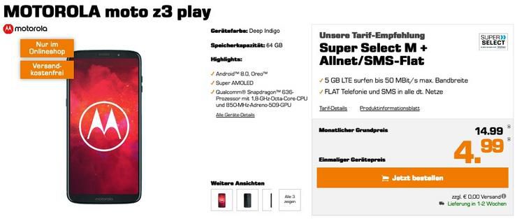 Motorola Moto Z3 Play für 4,99€ + Allnet Flat mit 5GB LTE om O2 Netz für 14,99€ mtl.