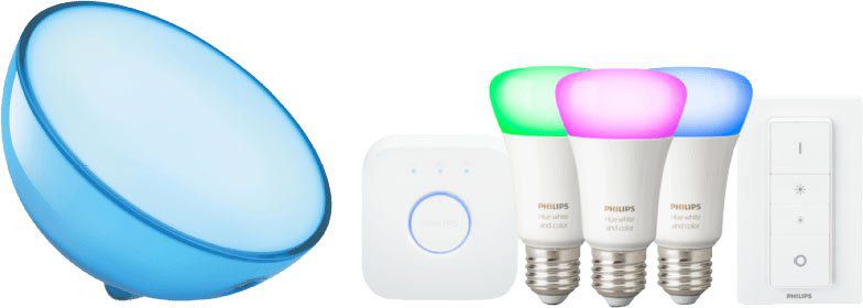 Philips hue White & Color Ambiance Starter Set: 3 x E27 + Bridge + Hue Go Tischleuchte für 160,81€ (statt 198€)