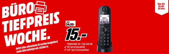 Media Markt Büro Tiefpreis Woche: heute z.B. PANASONIC KX TGQ200 Schnurloses Telefon für 15€ (statt 35€)