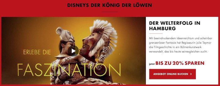 Bis zu 30% Rabatt auf Stage Entertainment Musicals   z.B. König der Löwen PK3 ab 86€