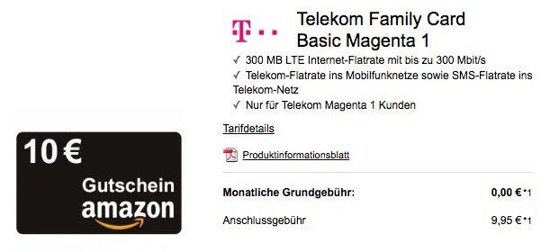 Für Telekom Magenta 1 Kunden: Telekom Family Card Basic mit 300MB LTE + Telekom Flat gratis + 10€ Amazon Gutschein