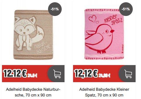 Adelheid Sale bei Top12   z.B. Babydecke Kleiner Spatz für 12,12€ (statt 28€)