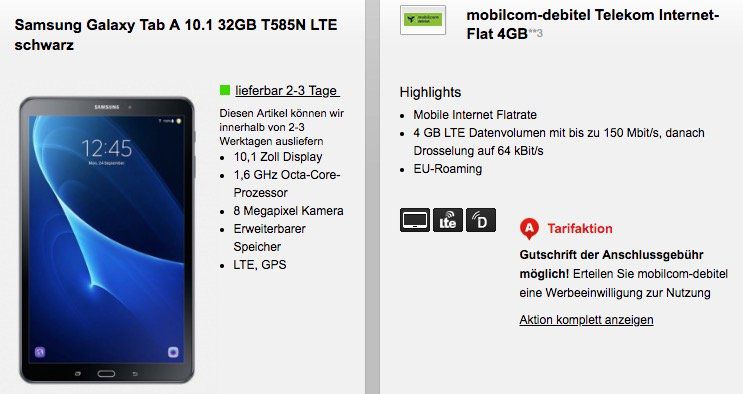 Telekom 4GB LTE Datentarif für 9,99€ mtl. + Samsung Galaxy Tab A 10.1 mit LTE für 29€