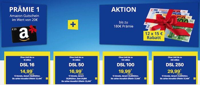 1&1 DSL Tarife ab 22,49€ pro Monat inkl. 20€ Amazon Gutschein