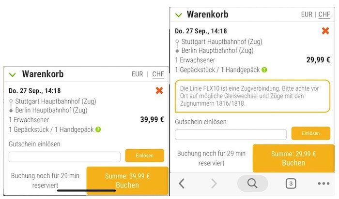 Preisfehler bei FlixTrain dank Währungswechsel   z.B. von Stuttgart nach Berlin für 29,99€ (statt 39,99€)