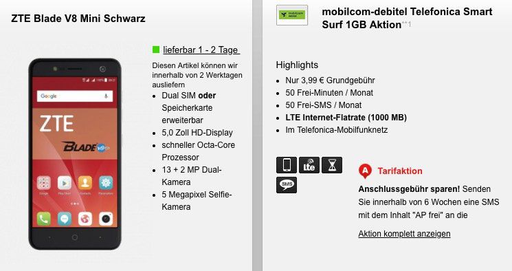 ZTE Blade V8 Mini für 19,95€ + o2 mit 50 Min / SMS + 1GB LTE für 3,99€ mtl.
