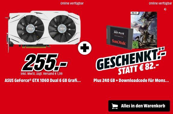 Bestpreis: Asus GTX 1060 Dual 6GB Grafikkarte + SanDisk 240GB SSD für nur 255€ (statt 299€)