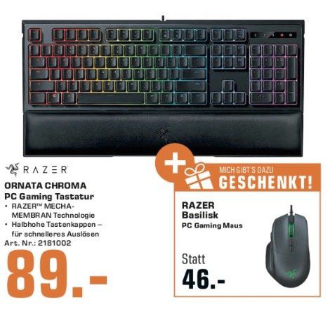 Razer Ornata Chroma Gaming Tastatur + Basilisk Gaming Maus für 89€ (statt 144€)