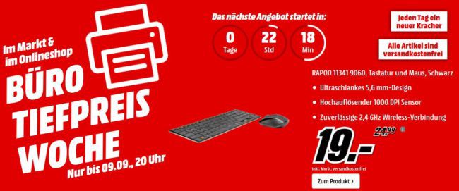 Media Markt Büro Tiefpreis Woche: heute z.B. RAPOO Tastatur und Maus für 19€ (statt 30€)