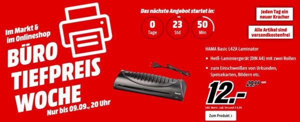 Media Markt Büro Tiefpreis Woche: heute z.B. HAMA Basic L42A Laminator für 12€ (statt 21€)