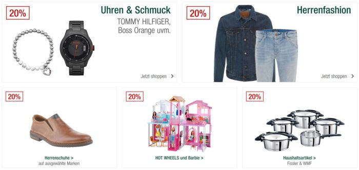 Galeria Kaufhof Sonntagsangebote   20% Rabatt auf Herren  u  Sportfashion, Hot Wheels und Barbie   und vieles mehr