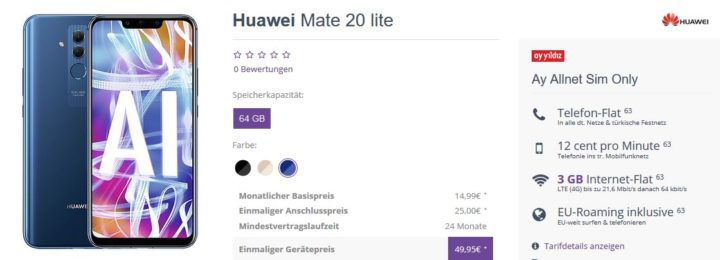 ay yildiz o2 Allnet Flat mit 3GB LTE für 14,99€ mtl. + Huawei Mate 20 lite für 49,95€