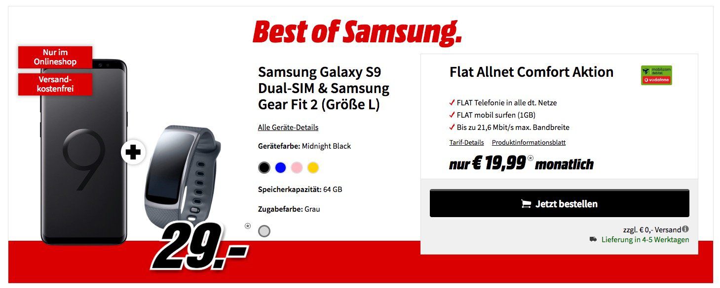 Samsung Galaxy S9 + Samsung Gear Fit 2 für 29€ + Vodafone Allnet Flat mit 1GB für 19,99€ mtl.
