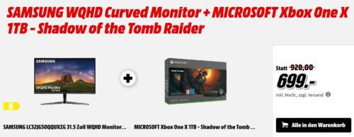 Xbox One X 1TB + Shadow of The Tomb Raider + Samsung C32JG50 32″ Curved WQHD Monitor für 699€   uvm. im Media Markt Dienstag Sale