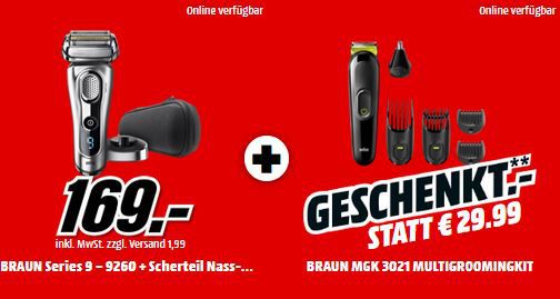 Top! Braun Series 9 9260S Rasierer + BRAUN MGK3021 6-in-1 Multigroomer für 169€ (statt 222€) Top! Braun Series 9 9260S Rasierer + BRAUN MGK3021 6 in 1 Multigroomer für 169€ (statt 222€)