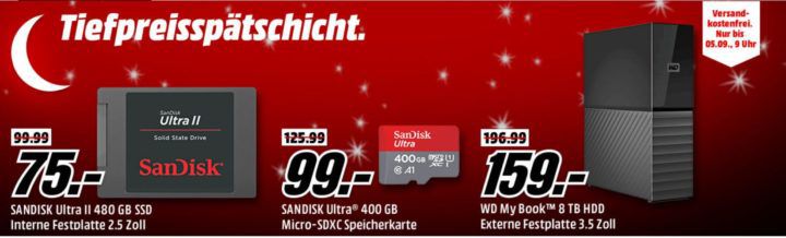 Media Markt Speicher Tiefpreisspätschicht: z.B: 400 GB  SANDISK Ultra micro SDXC Speicherkarte für 99€