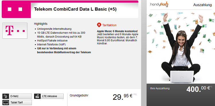 Telekom CombiCard Data L Basic   Datentarif mit 10 GB LTE ab 29,95€ mtl. + 400€ Auszahlung