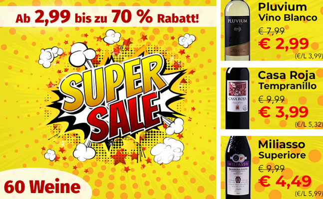 60 Weine ab 2,99€ pro Flasche (6 Flaschen MBW)