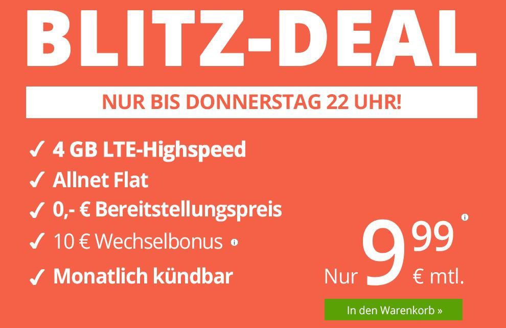 Blitzdeal: o2 Allnet Flat von winSIM mit 4GB LTE für 9,99€ mtl. (monatlich kündbar!)  bis 22Uhr