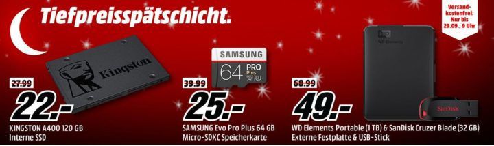 MM kleine Speicher Tiefpreisspätschicht: z.B. SANDISK Extreme Portable 500 GB SSD für 119€