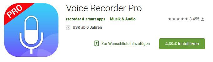 Voice Recorder Pro (Android) gratis statt 4,39€