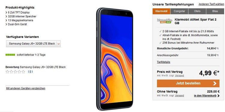 Samsung Galaxy J6+ für 24,98€ + Klarmobil Spar Flatrate mit 2 GB (D Netz) für 14,99€ mtl.