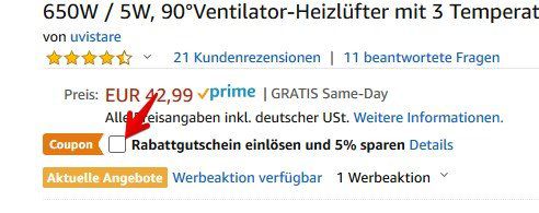 uvistare DH QN05 Keramik Heizlüfter mit 950W & 3 Temperatureinstellungen für 27,94€ (statt 40€)