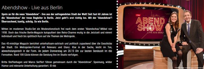 Freikarten für Abendshow   Live aus Berlin für Februar bis Juni