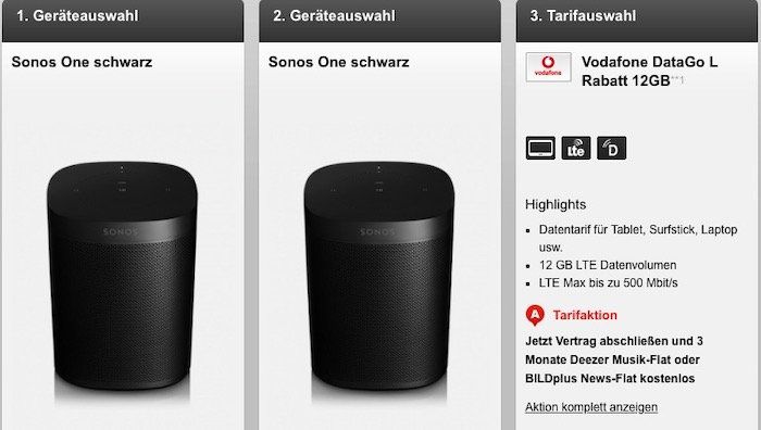 2er Pack Sonos One für 19,95€ + Vodafone DataGo L mit 12GB LTE für 27,49€ mtl.