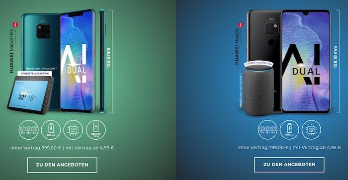 Huawei Mate 20 (Pro) ab 4,95€ + Echo Plus 2. Gen oder Echo Show 2. Gen mit o2 oder Vodafone Tarifen