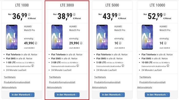 Knaller! Huawei Mate 20 Pro für 29,99€ + gratis Amazon Echo Show (Wert 230€) + o2 Allnet Flat mit 3GB LTE für 38,99€ mtl.