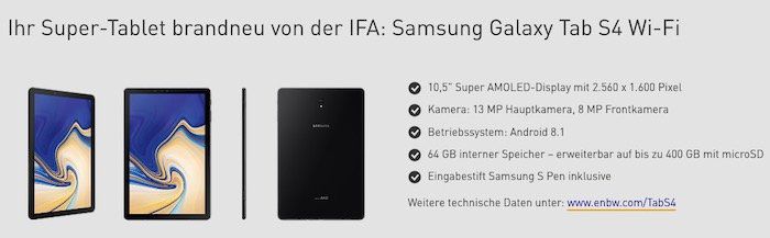 Samsung Galaxy Tab S4 64GB für 49€ (Wert 550€) dank EnBW Ökostrom Wechsel