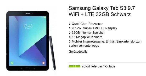 Vorbei! Samsung Galaxy Tab S3 9.7 WiFi + LTE 32GB für 199€ + Telekom Datentarif mit 10GB LTE für 13,99€ mtl.