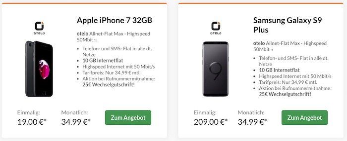 Top Smartphones ab 19€ + Vodafone Allnet Flat von otelo mit 10GB LTE für 34,99€ mtl.