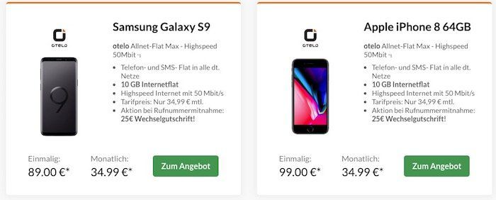 Top Smartphones ab 19€ + Vodafone Allnet Flat von otelo mit 10GB LTE für 34,99€ mtl.